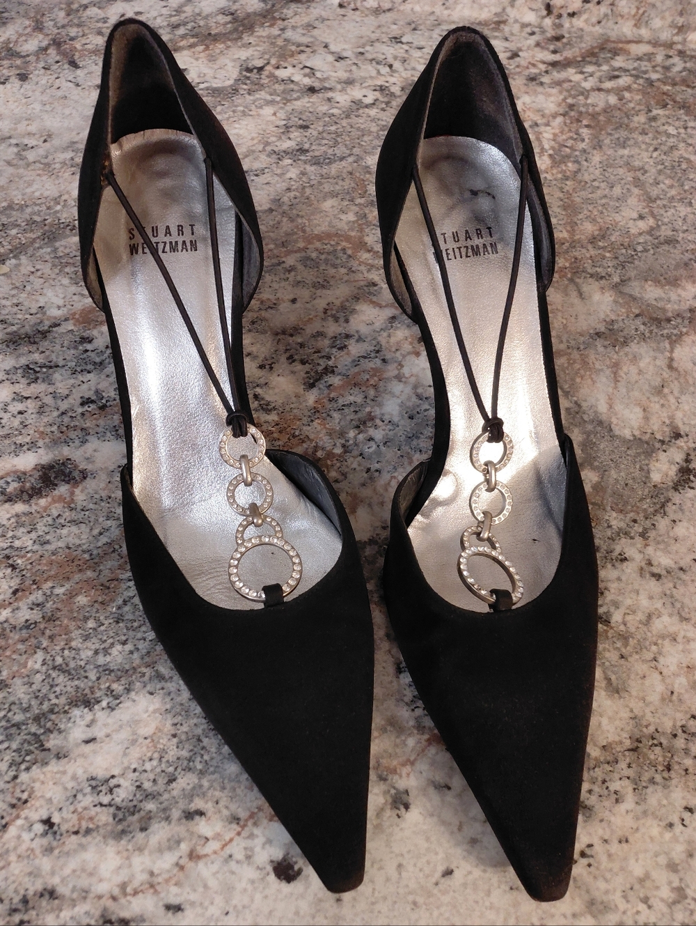 Stuart Weitzman Black Pointed Toe D'Orsay Heels With Rhinestone Ring Accents